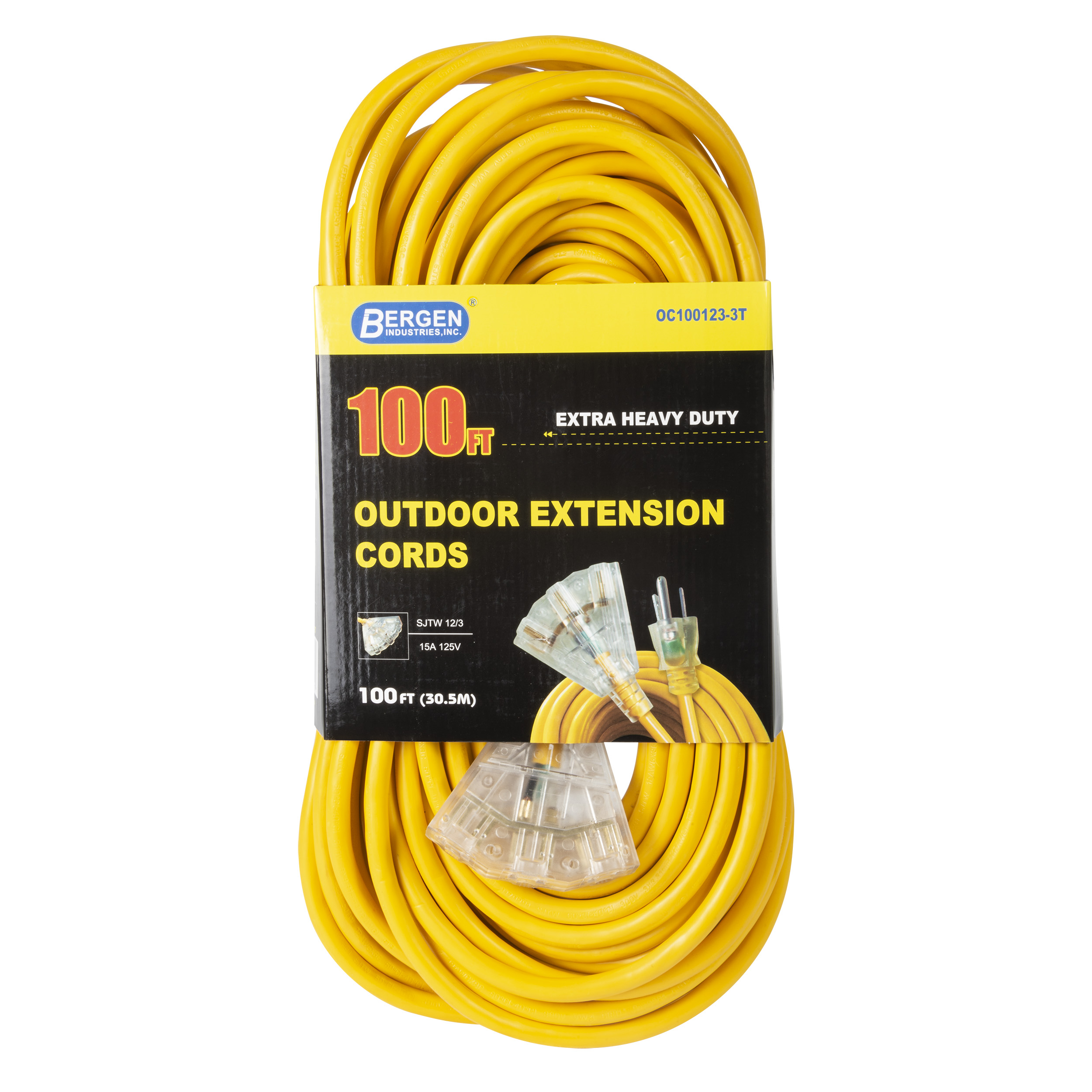 Extension Cord 100ft SJTW End Yellow Lighted 12/3 Tap Triple