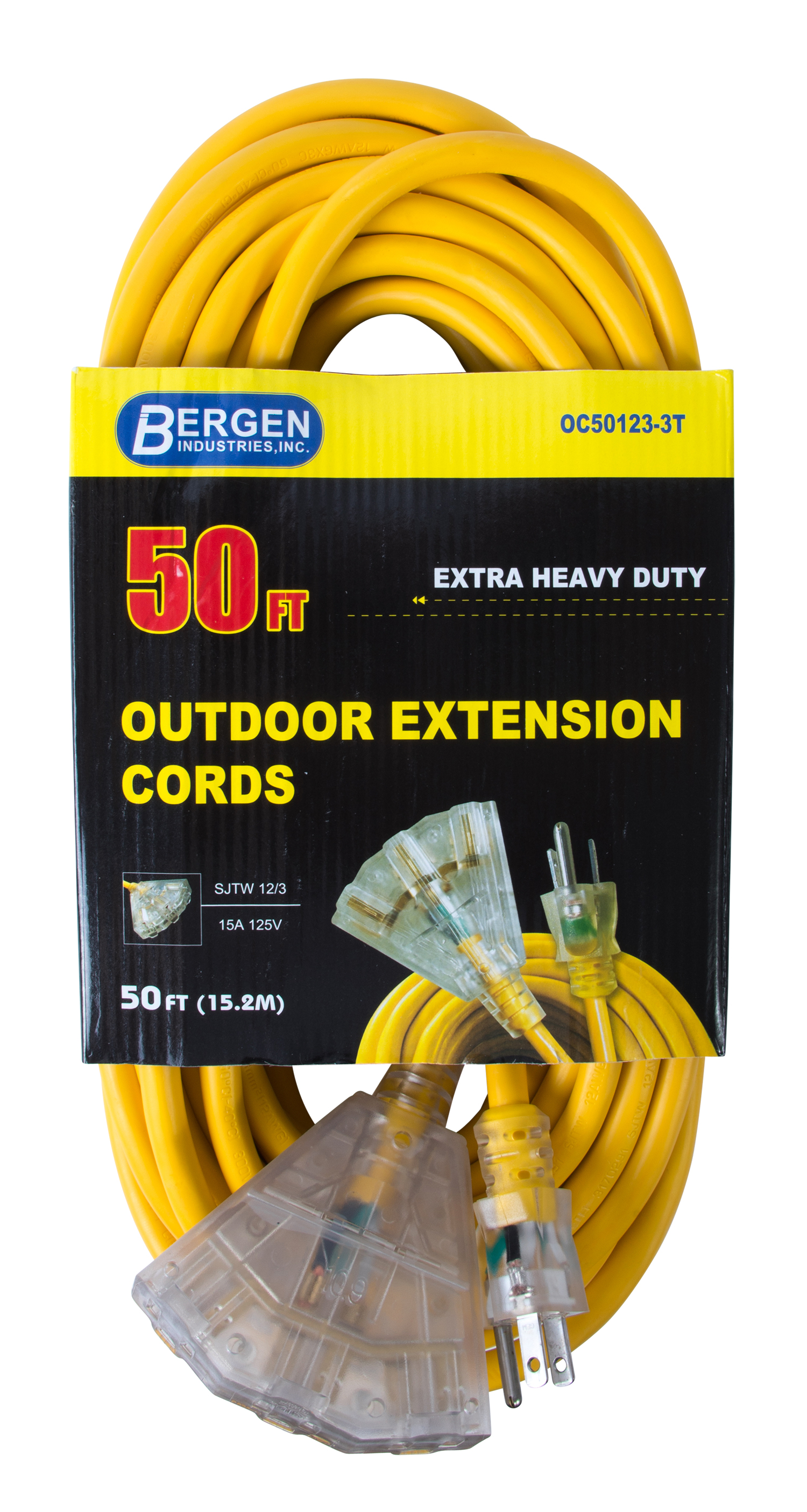 Extension Cord 50ft SJTW Yellow 12/3 Lighted End Triple Tap